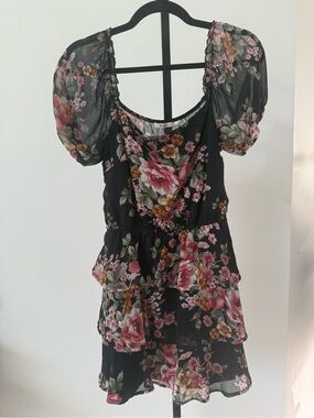 mi Ami Black Floral Mini Dress with Pink and Orange Blooms